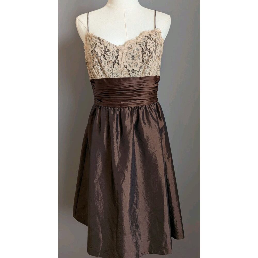 Vntg Y2K Anne Klein Brown Silk Lace Empire Waist Mini Dress Size 8 Prom Formal